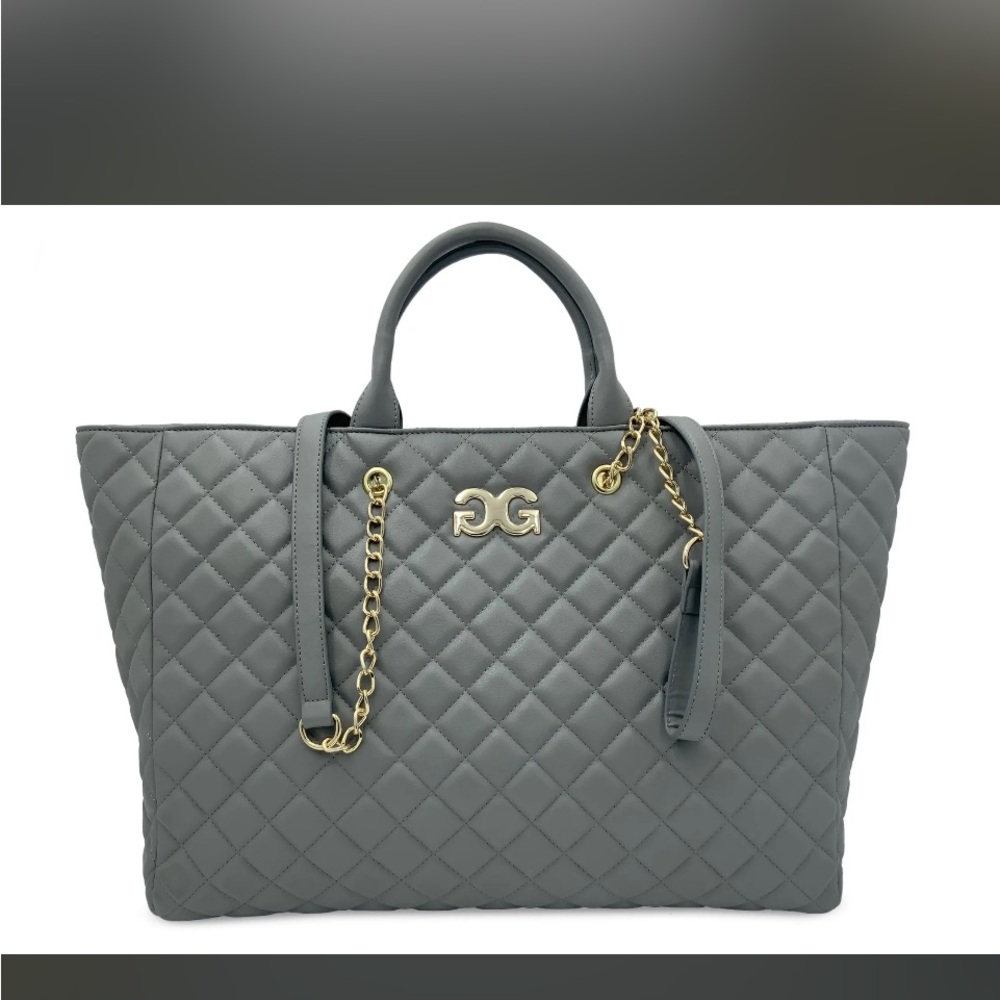 Gray and Gold Quilted Tote with Chain Detail
